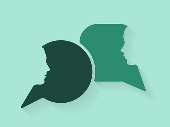 silhouettes of two people's faces in profile overlaid on different tones of green speech bubbles